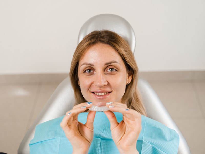 Patient smiling in the dental chair holding a clear aligner
