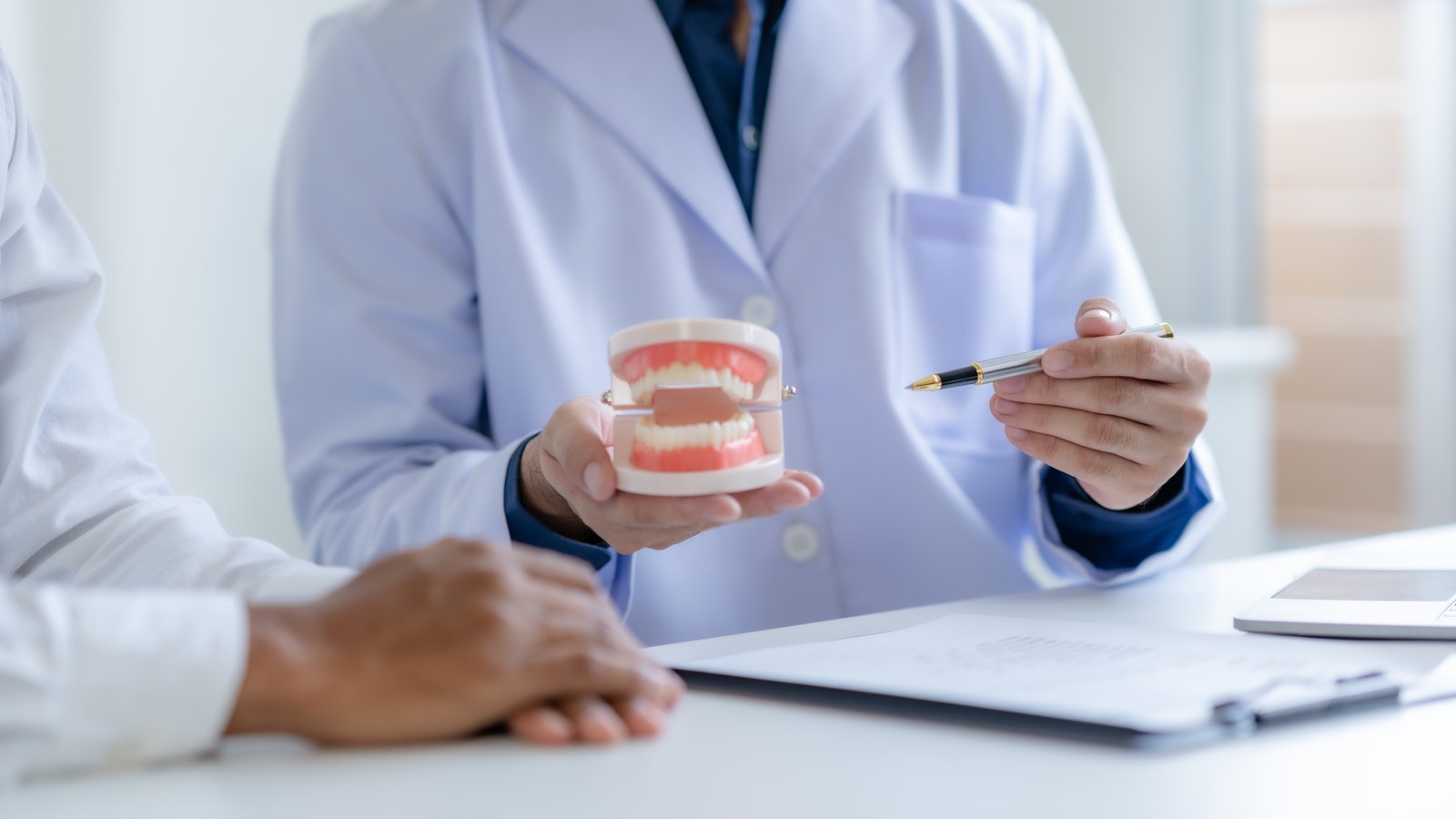 El dentista explica con un modelo de la boca cómo cuidar las encías