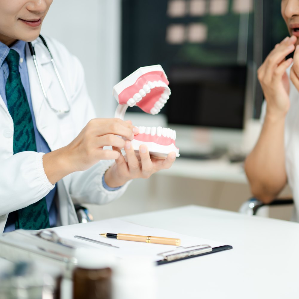 Primera visita: el dentista explica el tractament amb un model de dentadura