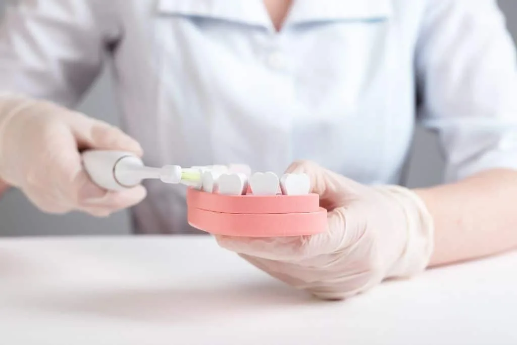 Cepillo eléctrico limpiando una maqueta de dentadura sujeta con guantes